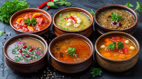 Various soups with different ingredients in bowls, a culinary delight