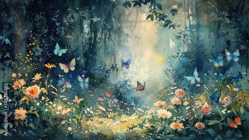 dreamlike forest glade butterflies dancing around vibrant flowers