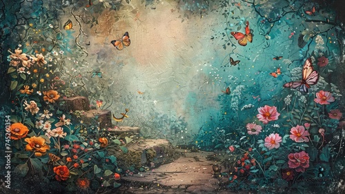 dreamlike forest glade butterflies dancing around vibrant flowers