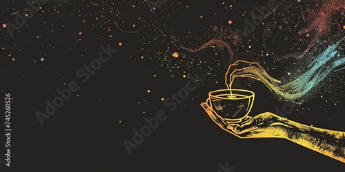 Simple line Illustration coffee tea HAND Flying In The Universe black color grunge texture  colorful element  empty space chalkboard banner.