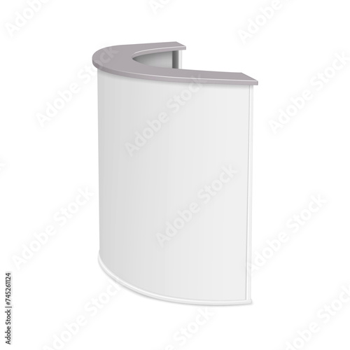 Half-round table counter realistic vector mockup. White blank curved reception desk mock-up. Template for design