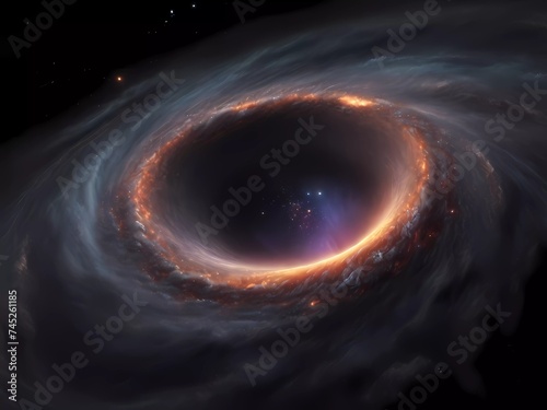 a photorealistic image of a massive black hole at the center of a galaxy, surrounded by swirling clouds of interstellar gas and dust.