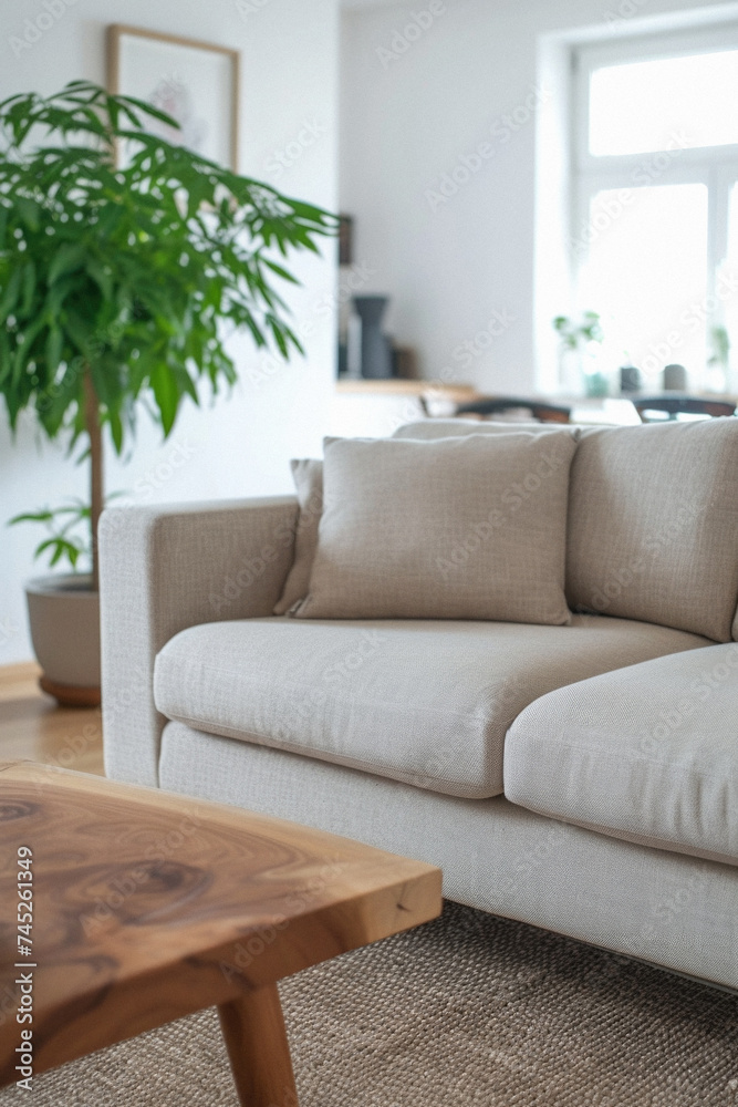 Fototapeta premium Comfortable modern sofa, soft luxury couch in cozy living room minimal elegant aesthetic home interior design contemporary style background space. House furniture store shopping advertising promo .