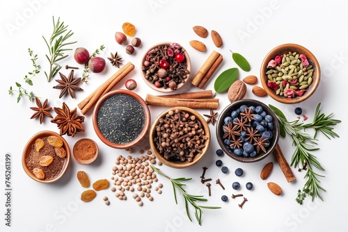 a variety of spices, herbs, nuts, and dried fruits arranged in bowls and scattered around. The assortment includes star anise, cinnamon sticks, almonds, berries, apricots, and sprigs of fresh herbs