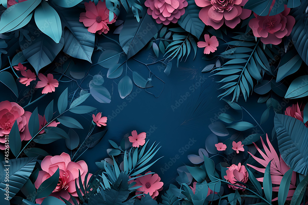 paper flowers background on blue background in the st