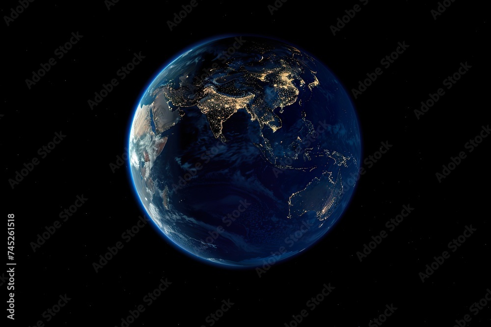 planet Earth at night, as seen from space. The image is dominated by the blue and green continents of Earth, which are illuminated by the soft light of the setting sun