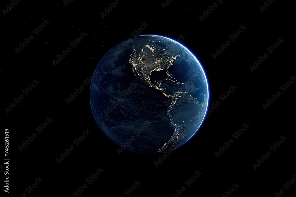 Fototapeta premium planet Earth at night, as seen from space. The image is dominated by the blue and green continents of Earth, which are illuminated by the soft light of the setting sun