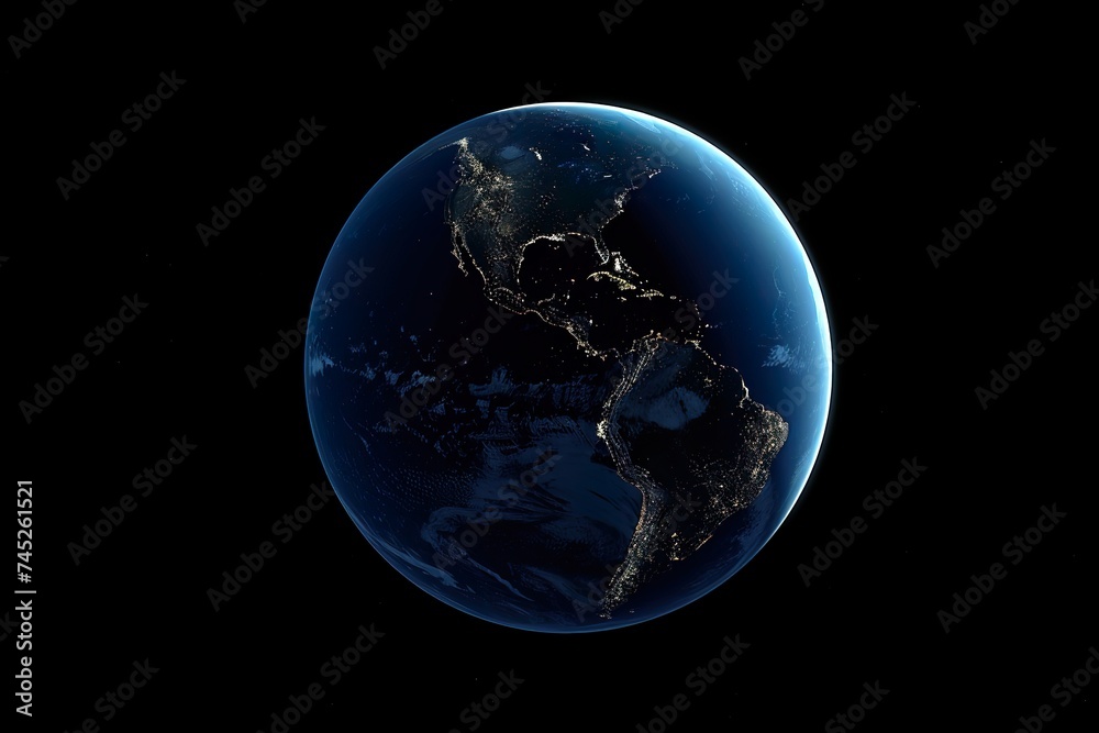 planet Earth at night, as seen from space. The image is dominated by the blue and green continents of Earth, which are illuminated by the soft light of the setting sun