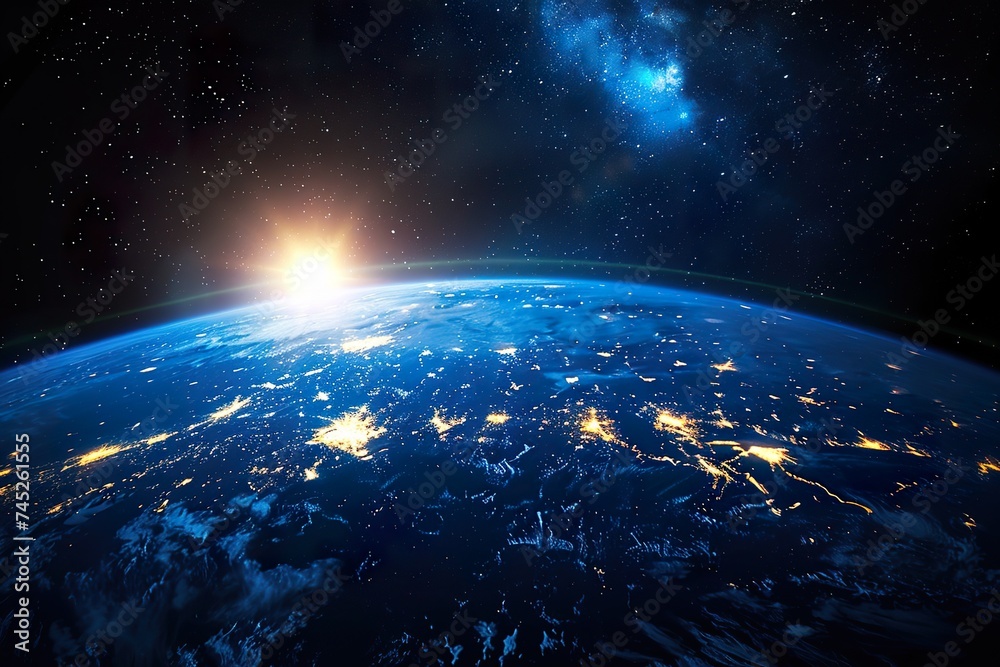 Fototapeta premium planet Earth at night, as seen from space. The image is dominated by the blue and green continents of Earth, which are illuminated by the soft light of the setting sun