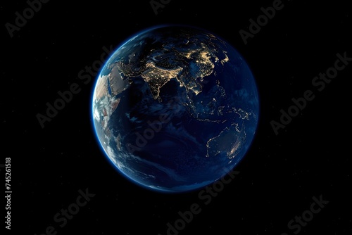 planet Earth at night, as seen from space. The image is dominated by the blue and green continents of Earth, which are illuminated by the soft light of the setting sun