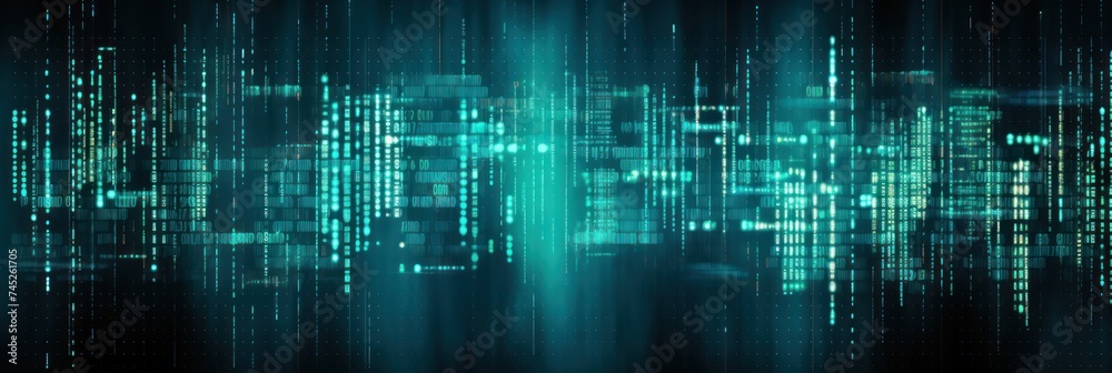 Teal digital binary data on computer screen background