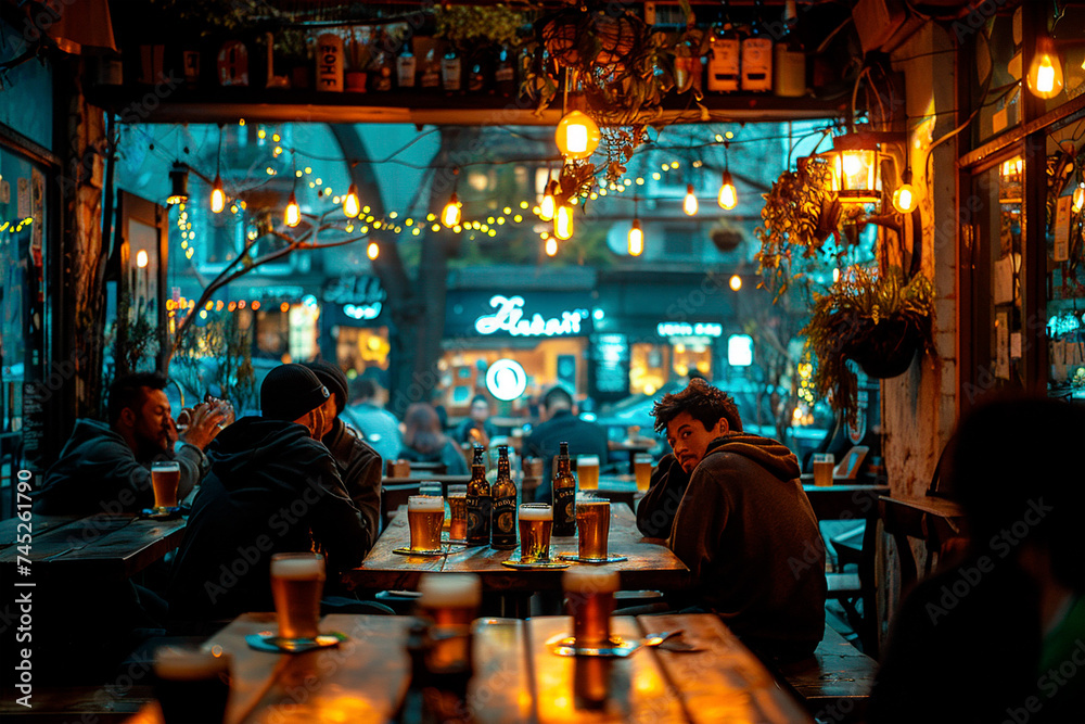 Irish pub filled with patrons enjoying pints of beer and traditional music Irish pub filled with patrons enjoying pints of beer and traditional music
