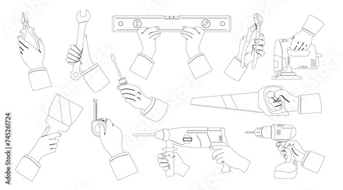 Hands with Building Instruments Isolated Outline Monochrome Vector Icons Set. Wrench, Screwdriver, Level and Saw
