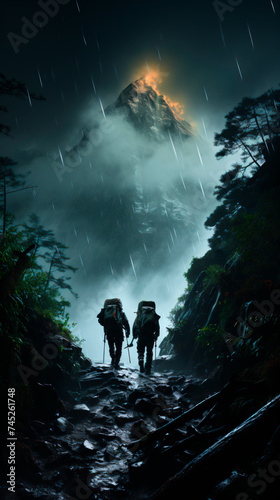 back view of two men climbing a mountain in rain  vertical format 