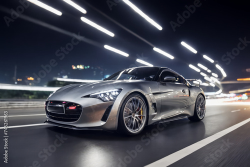 Front side view of silver luxury super car going at high speed on the road at night  surrounded by light trails from the movement  urban setting  copy space for text
