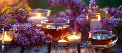 A table adorned with tea cups brimming with fragrant tea, surrounded by tea candles and delicate lilac flowers, creating a warm and inviting ambiance for a cozy evening tea party.