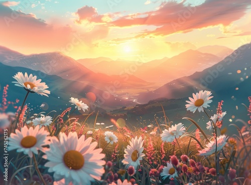 sunshine behind a landscape with daisies