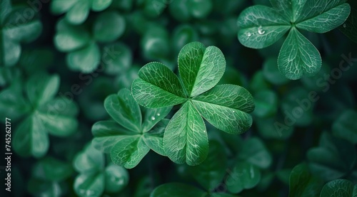 shamrock leaves are seen closeup against a dark background in a sunny day