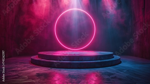 Abstract round podium glowing under a spotlight, embodying the concept of an award ceremony on a stage backdrop