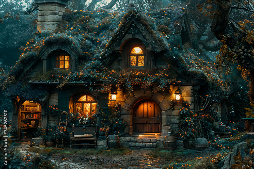 Fototapeta premium Fairy cozy Irish cottage, with a roaring fire in the hearth, shamrock decorations