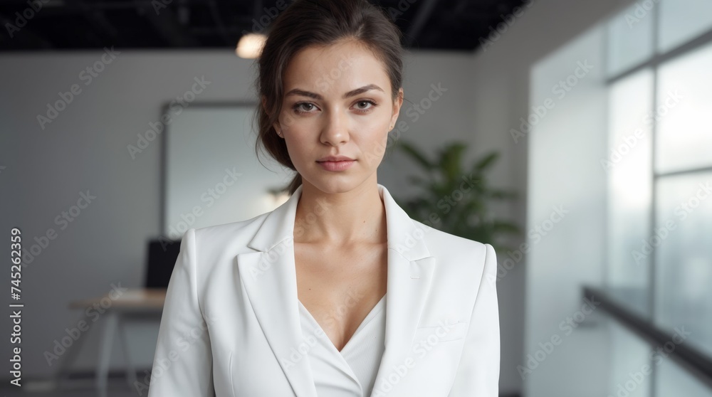 Confident professional in white blazer in modern workplace Confident professional in white blazer in modern workplace