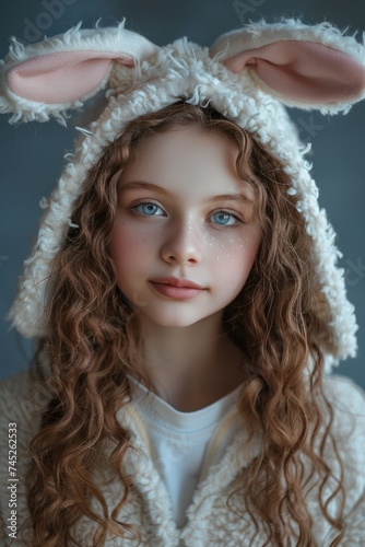 girl wearing easter bunny ears in grey background,