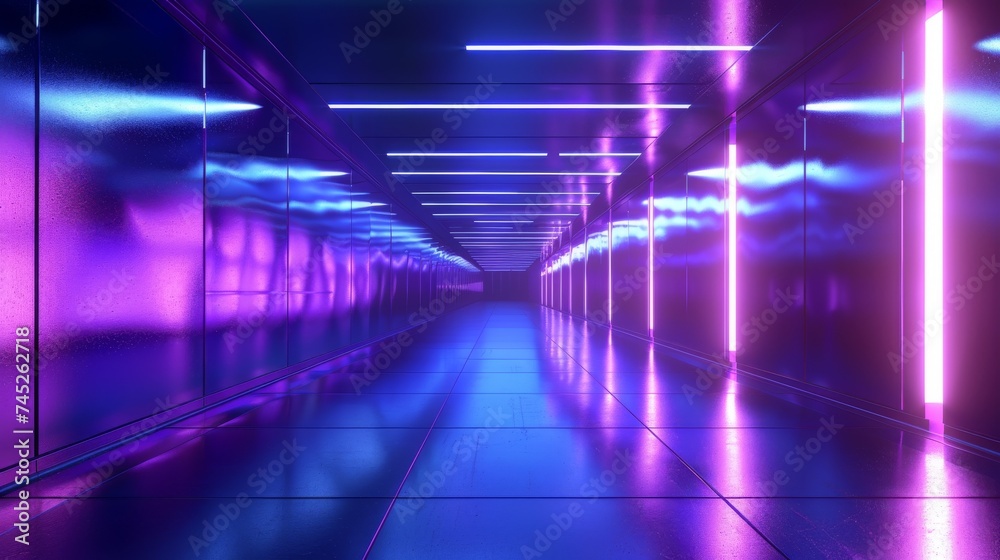 Futuristic corridor illuminated with neon lights. Sci-fi tunnel with vibrant purple and blue tones. Modern architecture with a cyberpunk aesthetic and reflective surfaces.