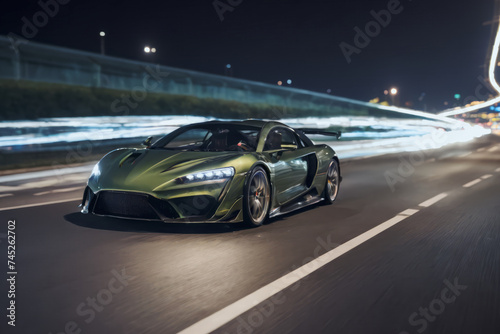 Front side view of green luxury sports car going at high speed on the road at night, surrounded by light trails from the movement, urban setting, copy space for text