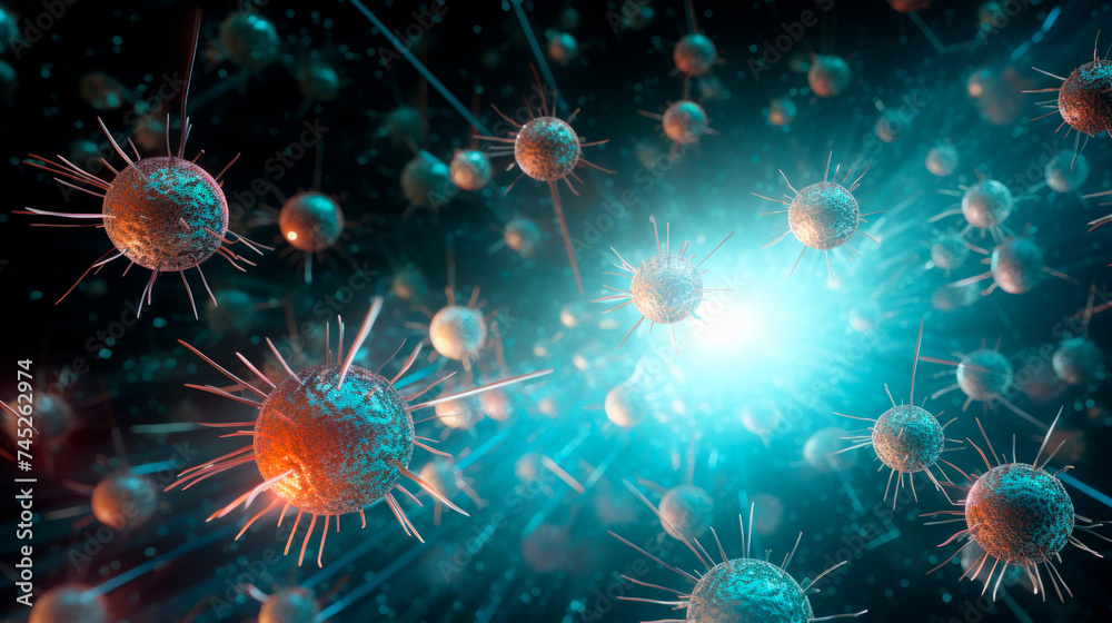 Fototapeta premium Digital art of viruses radiates with a neon glow against a dark setting, creating a captivating visual that evokes awe and highlights the intricate beauty of microscopic threats.