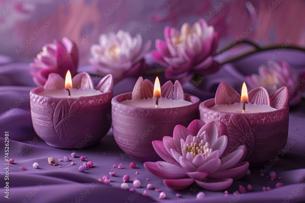 three candles with little lotus flowers on a purple background - obrazy, fototapety, plakaty 
