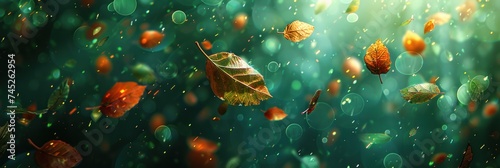 an image of different colors of leaves floating over green cards
