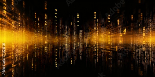 Yellow digital binary data on computer screen background