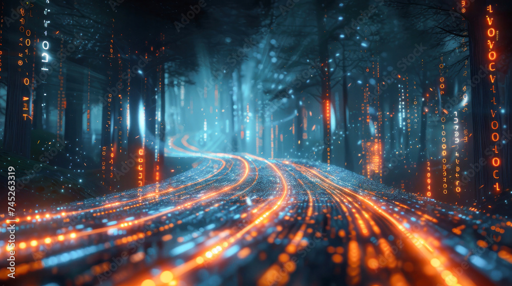 Streaming data, binary data moving on a digital road.Generative AI