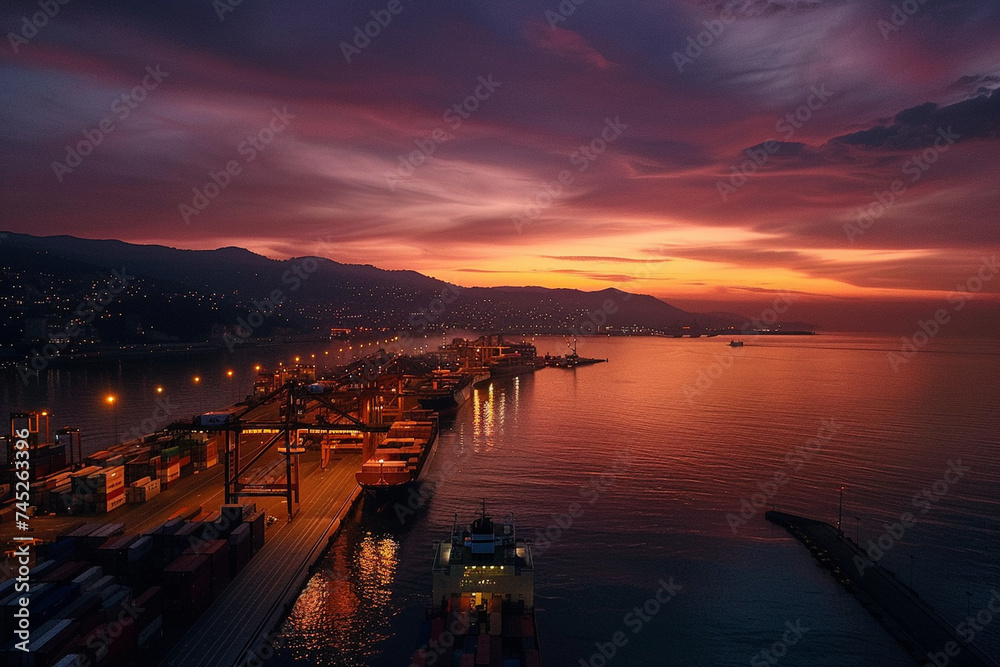 With the sun setting on the horizon, the port comes alive with activity as cargo containers are loaded onto awaiting ships, each container representing a connection to distant land