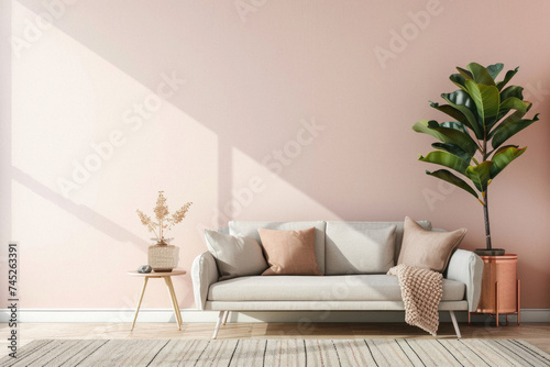Comfortable modern sofa, soft luxury couch in cozy living room minimal elegant aesthetic home interior design contemporary style background space. House furniture store shopping advertising promo . © Art AI Gallery