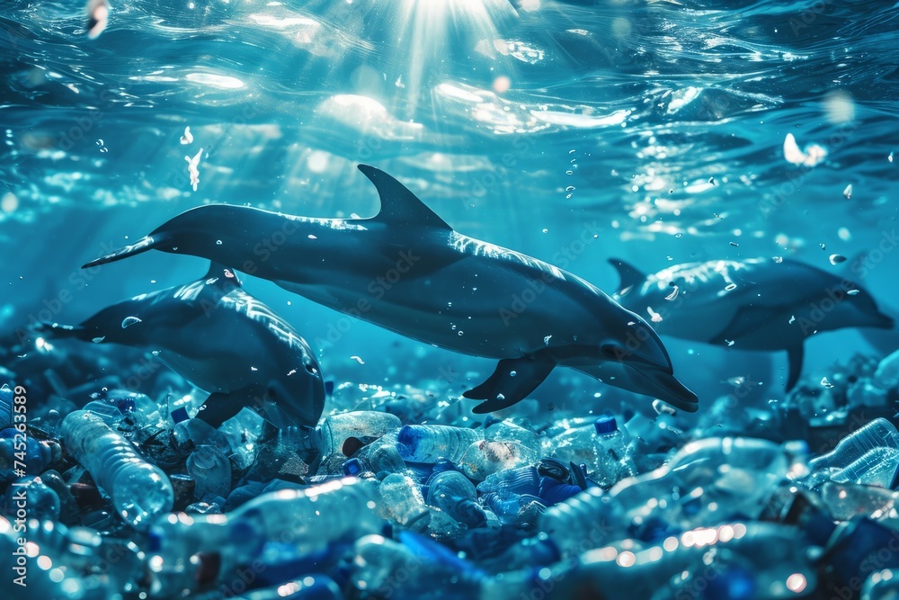 Obraz premium Dolphins swim in the ocean or sea among plastic bottles and garbage. Concept of plastic water pollution and environmental problem of ocean, environment