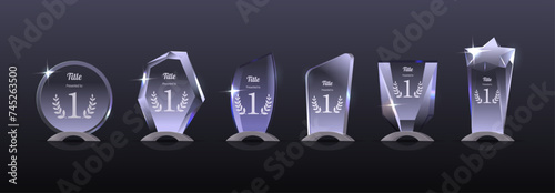 Glass Award, Acrylic Winner Cup Mockup With Transparent Plate On Base. Realistic Set Of Crystal Trophy, Reward For Sport