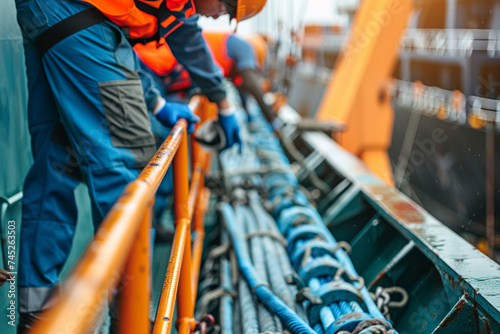 Close-up of workers securing cargo containers onto the deck of a container ship, their diligent efforts ensuring the safe transport of goods across vast oceanic distances.