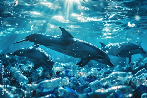 Dolphins swim in the ocean or sea among plastic bottles and garbage. Concept of plastic water pollution and environmental problem of ocean, environment