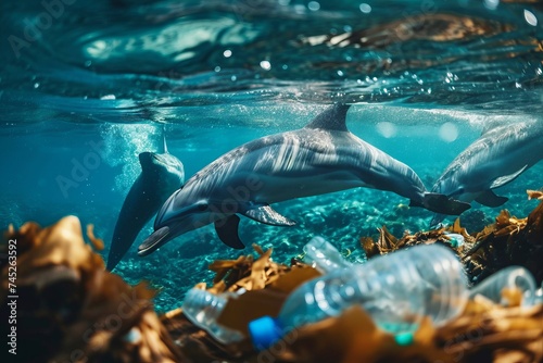 Dolphins swim in the ocean or sea among plastic bottles and garbage. Concept of plastic water pollution and environmental problem of ocean  environment
