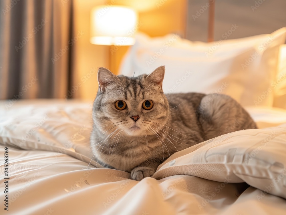 Close up of the cat is on the bed at the hotel