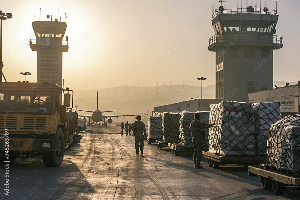 With the airport control tower in the background, a cargo plane is loaded with goods, its cargo doors open as ground crew work tirelessly to ensure that each crate and pallet is se - obrazy, fototapety, plakaty 