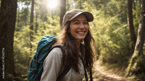 Elated woman with a backpack explores a sunny woodland trail happily 