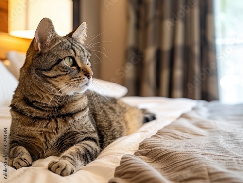 Close up of the cat is on the bed at the hotel