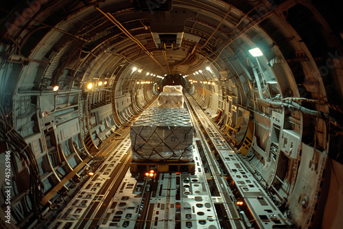 Close-up of cargo being loaded into the belly of a cargo plane  with ground crew carefully maneuvering each crate and pallet into position  ensuring efficient loading and safe tran