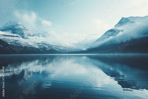 A magnificent landscape of a mountain lake with mountains and sky reflected in it. The concept for the development of tourism, mountaineering, skiing, rock climbing, excursions in the mountains. 