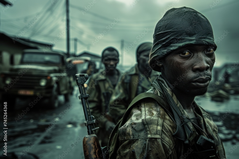 A group of intense, focused soldiers standing ready in an urban conflict zone, under a gloomy, overcast sky. A group of intense, focused soldiers standing ready in an urban conflict zone, under a gloomy, overcast sky.