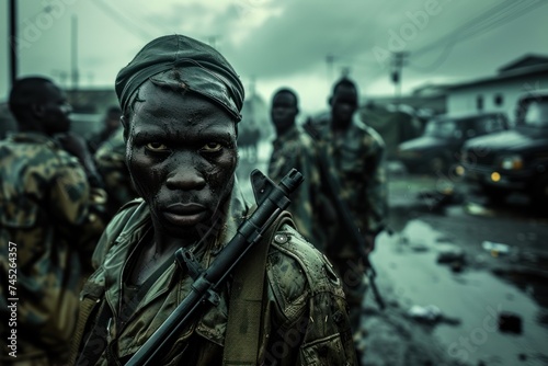 A group of intense, focused soldiers standing ready in an urban conflict zone, under a gloomy, overcast sky.