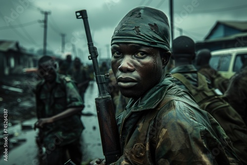 A group of intense, focused soldiers standing ready in an urban conflict zone, under a gloomy, overcast sky.