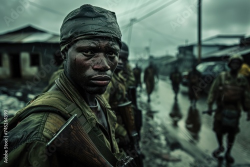A group of intense, focused soldiers standing ready in an urban conflict zone, under a gloomy, overcast sky.